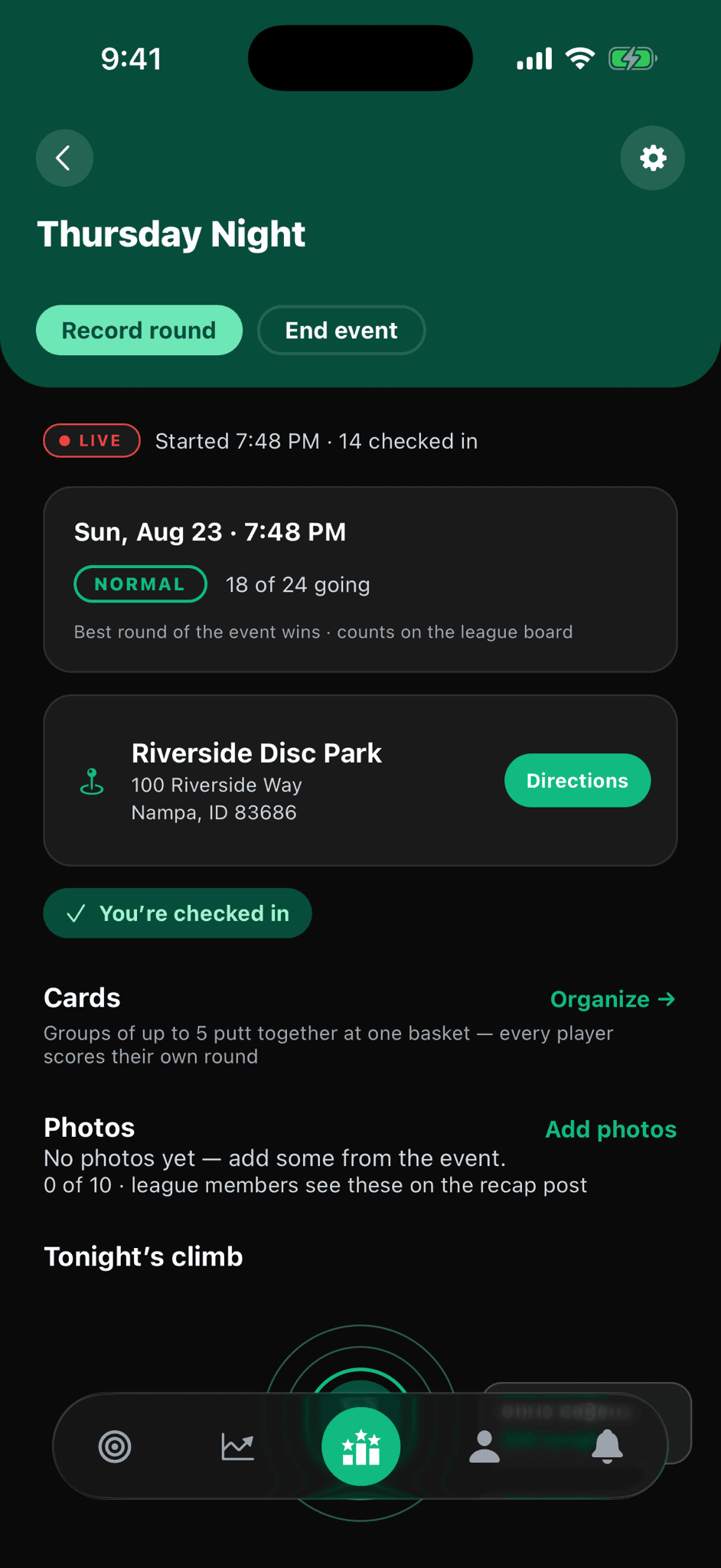 A league event in progress with live standings board