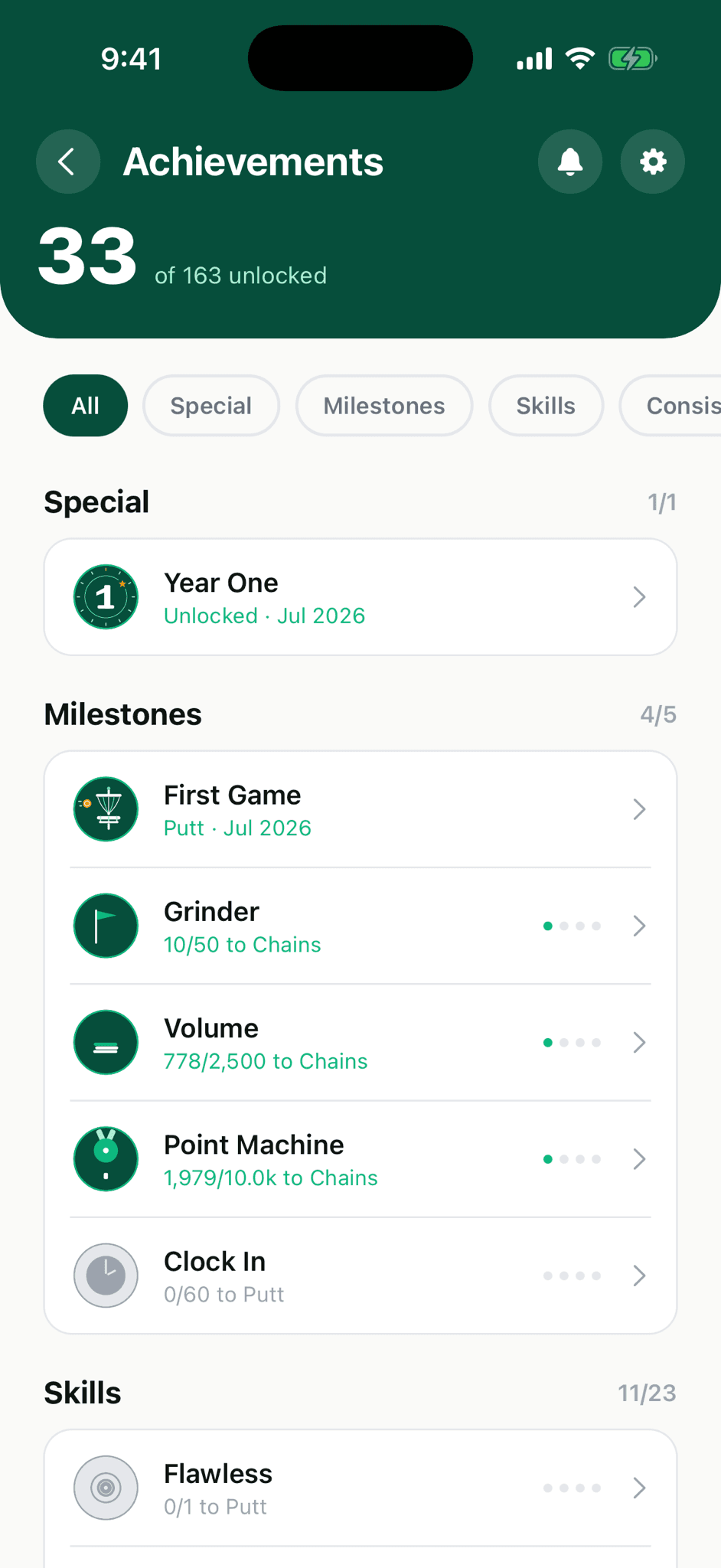 The achievements screen showing unlocked and locked achievements