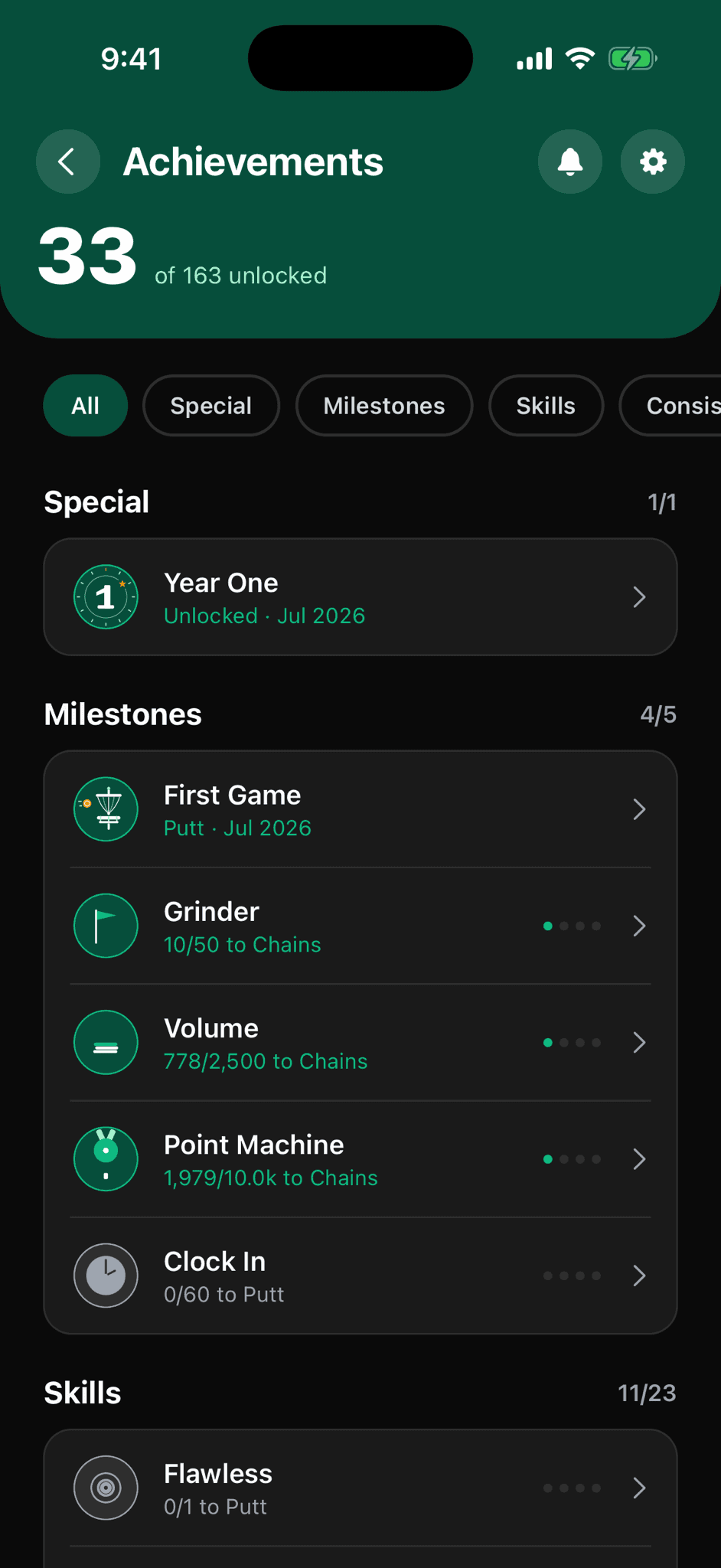 The achievements screen showing unlocked and locked achievements