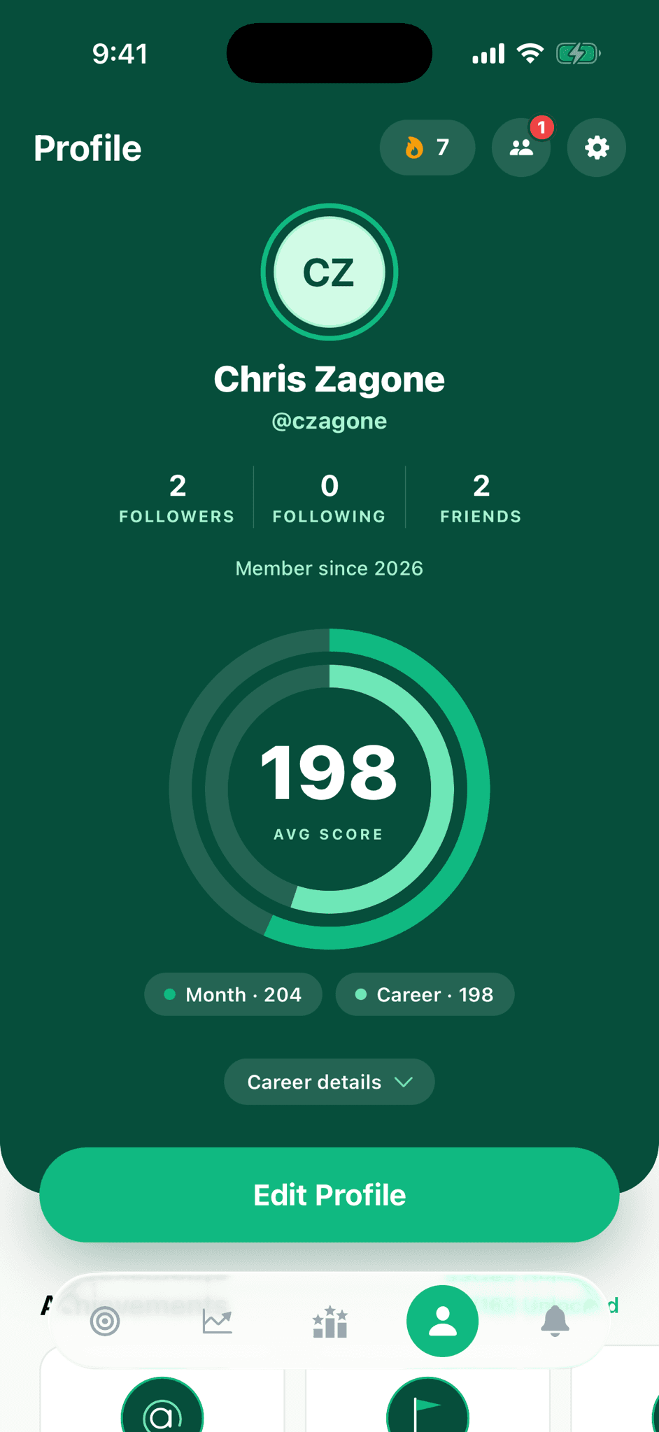 Screen showing user profile