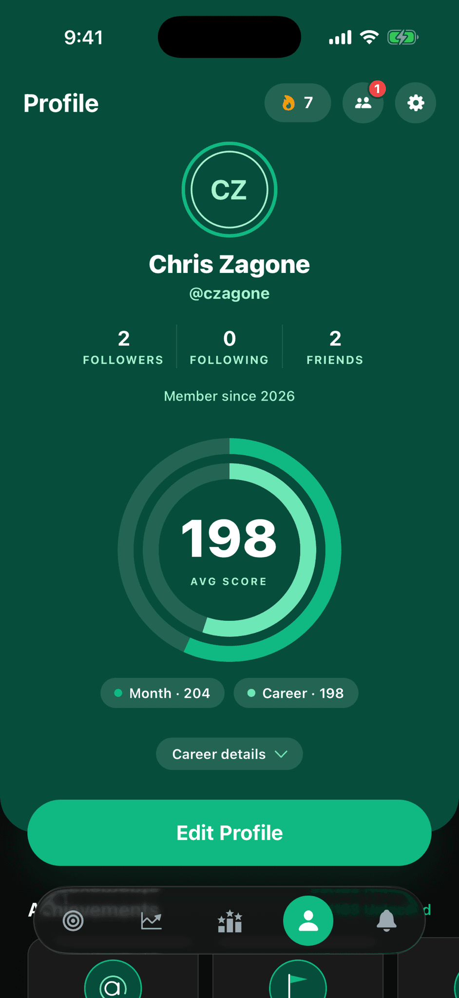 Screen showing user profile